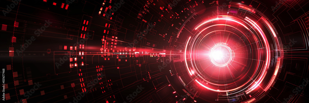 Poster abstract red circular digital vortex on dark background showcasing high-tech design and futuristic e