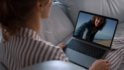 Girls communicating web camera closeup. Cheerful friends talking laptop online