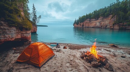 An orange camping tent is pitched on a sandy beach near a glowing fire pit, overlooking a serene...