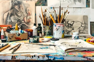 Colorful and Inspiring s Workspace with Painting and Drawing Supplies Laid Out on a Cluttered Desk description This image showcases a vibrant and