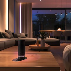 Modern living room illuminated by warm lighting with a voice assistant device on a wooden table creating a cozy ambiance.