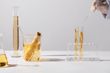 Fresh ginseng contained in lab glassware placed on white table over white background with a blank space in center for displaying product extracted from ginseng. Photo of front view, copy space