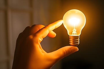 Hand Reaching to Touch a Glowing Light Bulb Symbolizing Innovative Thinking and Creative Problem Solving