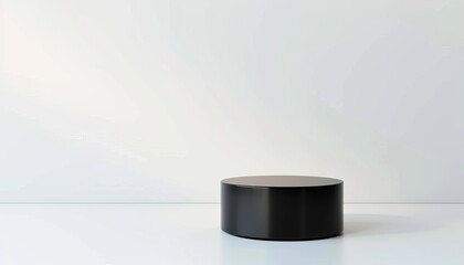 A simple black cylindrical pedestal isolated on a white background. Minimalist and modern design for product display or branding.