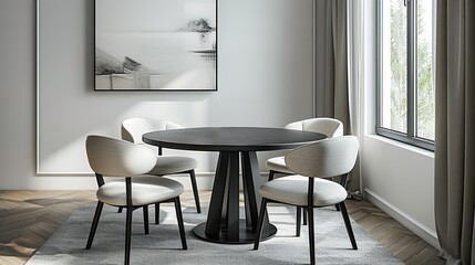 A black round dining table stands in a Scandinavian-style room with a bright atmosphere, featuring light colors, clean lines, and minimalistic decor