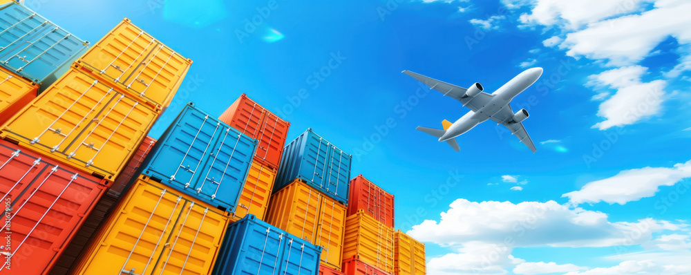 Poster a large cargo plane is flying over a large stack of containers. concept of movement and progress, as