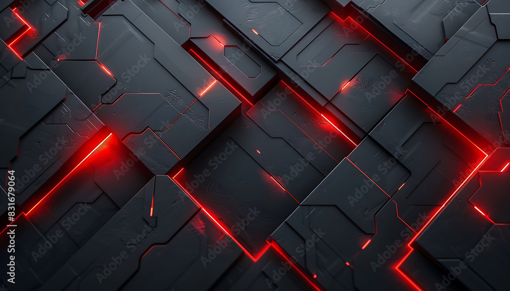 Fototapete modern abstract background with dark grey and black tones, accented by vibrant red glowing lines, cr