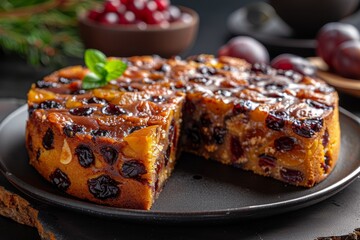 A delectably rich and visually appealing fruitcake adorned with various dried fruits, garnished with a sprig of mint, on a black ceramic plate