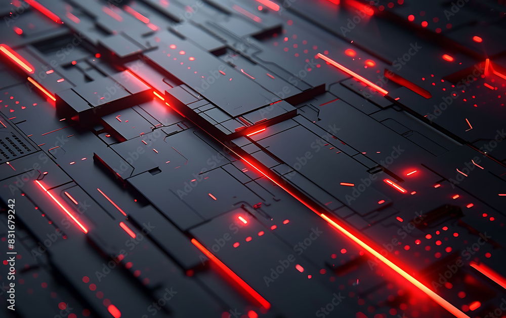 Poster futuristic abstract background with dark geometric shapes and bright red glowing lines, showcasing m
