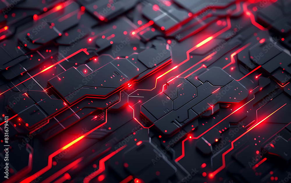 Poster futuristic abstract background with dark geometric shapes and bright red glowing lines, showcasing m