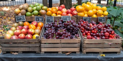 A vibrant outdoor fruit stand featuring colorful clusters of apples, grapes, and plums neatly organized in wooden crates with price tags on a sunny day - Powered by Adobe