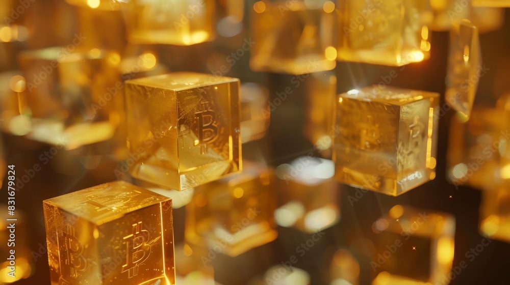 Poster a series of floating translucent gold cubes within each one a different bitcoin icon demonstrating t