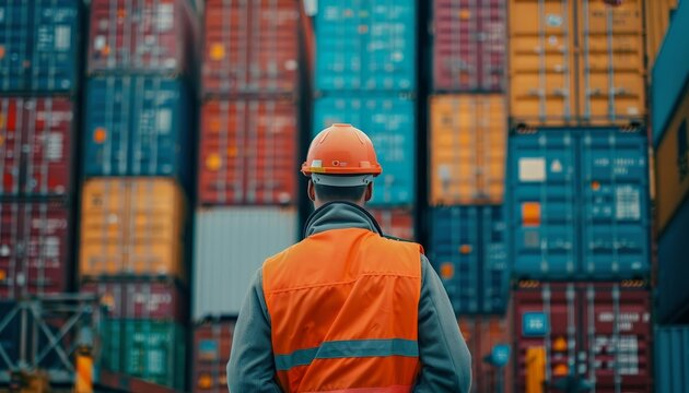 A worker in a safety vest and hard hat stands in front of a wall of colorful shipping containers.