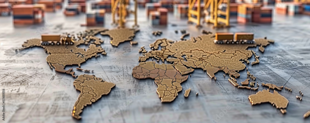Poster a map of the world is covered in gold and silver. the map is surrounded by a large number of shippin