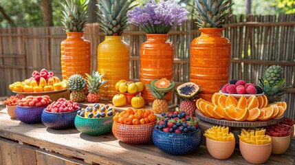 Fototapeta premium A vibrant and colorful outdoor fruit display with a variety of fresh fruits and ornate pottery arranged on a wooden table surrounded by greenery