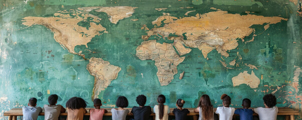A group of people are sitting around a table looking at a large green world map. Scene is one of curiosity and exploration, as the people are gathered around the map to learn more about the world