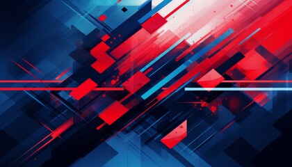 Abstract geometric background with red, blue, and black shapes and lines.