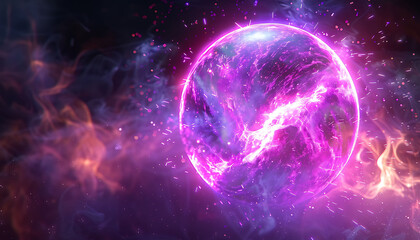 Obraz premium Neon energy sphere with purple and pink flames and sparks, emitting a magical, ethereal glow