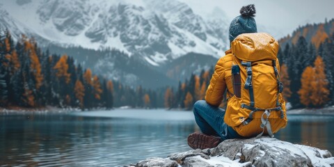 Backpacker in a bright yellow jacket and beanie sitting on a rock by a serene mountain lake surrounded by snowy peaks and autumn trees