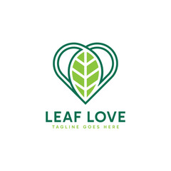 Simple minimalist heart and green leaf combination. Eco environment logo design illustration.