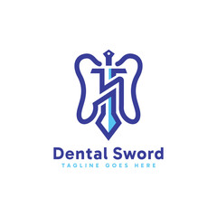 Dental sword logo design. Abstract minimalist tooth combined with knight sword design concept. Vector illustration.