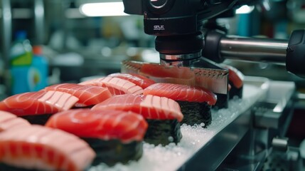 Robotic arm handling fresh sushi pieces in a modern kitchen, showcasing automated food preparation technology.