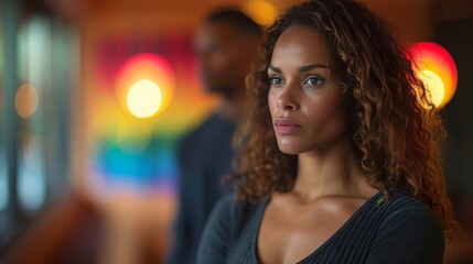 Fototapeta premium A contemplative young woman with curly hair gazing into the distance in a warmly lit room with vibrant and colorful decorations in the background