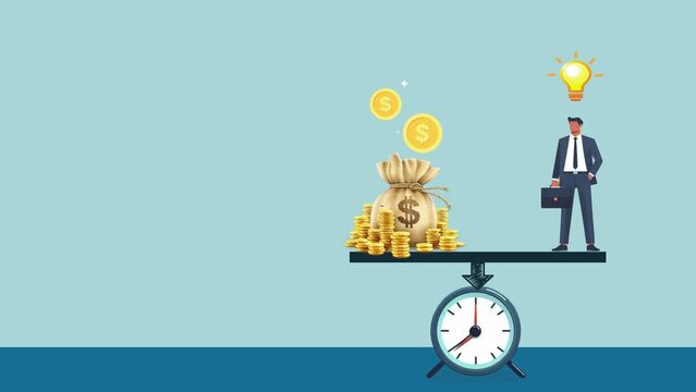 animated illustration of a businessman working to maximize his time in making money and achieving success