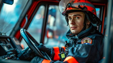 Focused young firefighter seated inside a fire truck, equipped and ready for an emergency response on a vivid, detailed city day