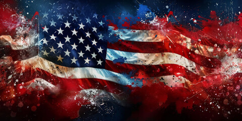 Abstract American flag with dynamic paint splatters in vibrant red, white, and blue colors showcasing artistic expression
