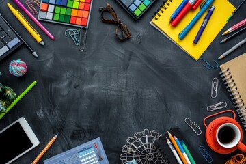 Wide assortment of colorful office and school supplies arranged neatly on a dark textured background, showcasing a variety of tools for creativity and organization