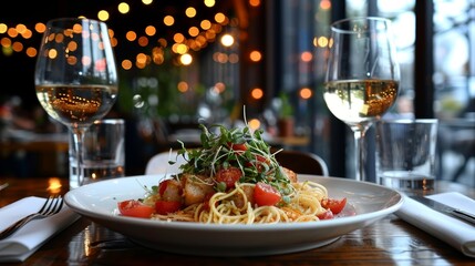 Elegant restaurant table setting featuring a gourmet pasta dish with fresh greens and cherry tomatoes, accompanied by two glasses of white wine and ambient warm lighting