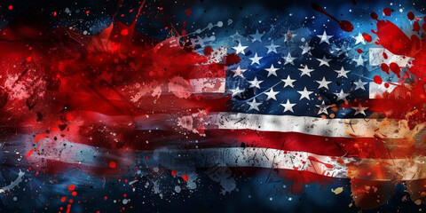 Abstract American flag with dynamic paint splatters in vibrant red, white, and blue colors showcasing artistic expression
