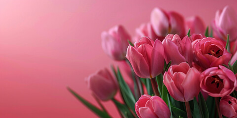 spring  Bouquet of pink tulips on a pink background 