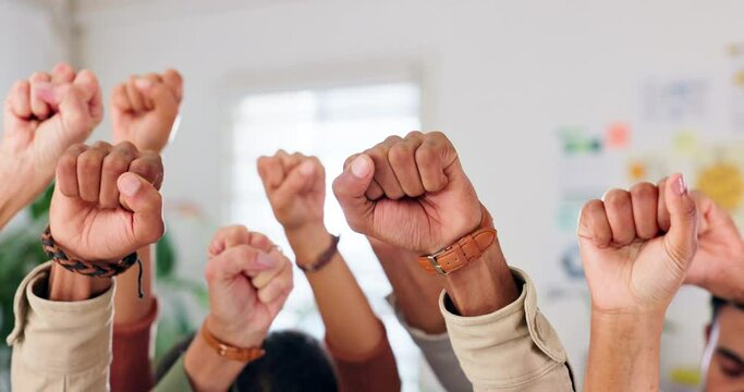 Teamwork, power or fist symbol with hands for freedom, diversity and equality in workplace. Collaboration, solidarity and business people as workforce, cooperation and support with trust in office