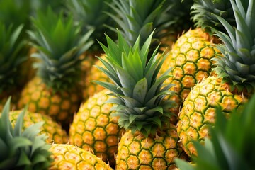 Sliced and half of Pineapple(Ananas comosus) on wooden table with blurred garden background.Sweet, and juicy taste Have a lot of fiber,vitamins C and minerals  or healthcare concept , generative ai