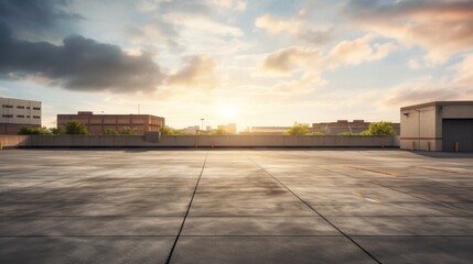 Empty rooftop parking lot with cityscape and sunset sky.