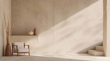 Photo of a minimalist room with a beige wall and white floor, featuring an armchair and decorative vases on the side. The background is plain and uncluttered for easy virtual studio set design in the