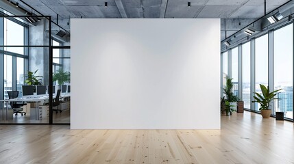 A large white wall was in an office with light wooden floors and a modern design with glass walls. A mockup of the blank space was displayed. The room had concrete ceilings and lighting from windows
