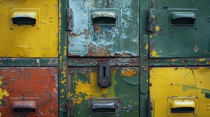 Vibrant old-school locker doors up close, each with a unique lock, showcasing scratches and chipped paint