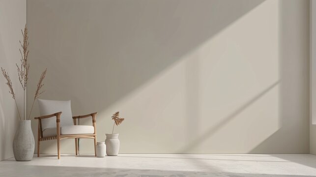Photo of a minimalist room with a beige wall and white floor, featuring an armchair and decorative vases on the side. The background is plain and uncluttered for easy virtual studio set design in the
