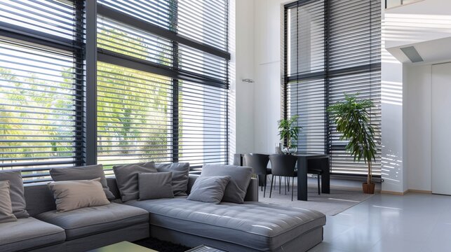 Modern living room with double height, featuring stylish grey sofas and black wooden blinds on large windows. The open plan design includes a dining table near the sofa against a white wall.