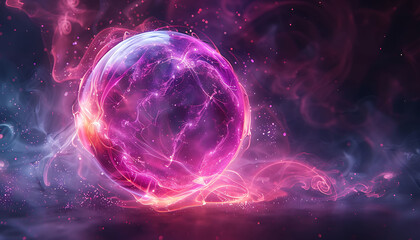 Obraz premium Neon energy sphere with purple and pink flames, sparks, and swirling dynamic energy on a dark background