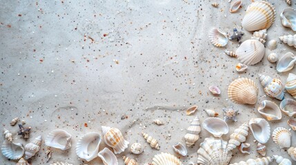Shells And Starfish On Sand Background. Summer Beach Concept.