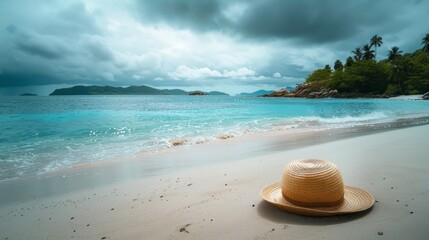 Straw Hat Resting On A Beautiful Sandy Beach With Turquoise Water And Dramatic Sky In The Background.