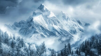 Obraz premium The Mountain Is Covered With Snow. The Snow Is Falling Heavily. The Trees Are Covered With Snow. The Sky Is Cloudy.