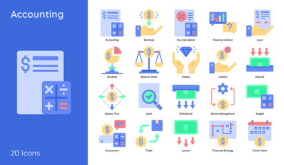 Set of Accounting Flat Icons Contain Such Tax Calculation, Balance Sheet, Dividend and More.Template Set