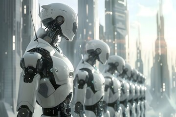 Fototapeta premium Futuristic Robotic Cityscape with Sleek Architectural Skyscrapers and Towers