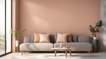  Peach fuzz interior room trend color year 2024. Texture mockup wall for art - microcement pastel apricot beige tan colour plaster. Modern room design living lounge. Accent cozy gray sofa. 3d render 