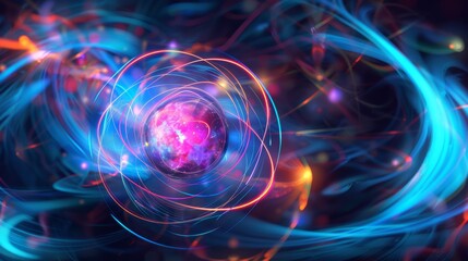 A vibrant, abstract digital art image depicting atomic energy with swirling blue and pink light trails, evoking a dynamic cosmic scene.